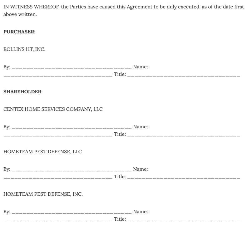 Rollins (Orkin) / HomeTeam Pest Defense Asset Purchase Agreement