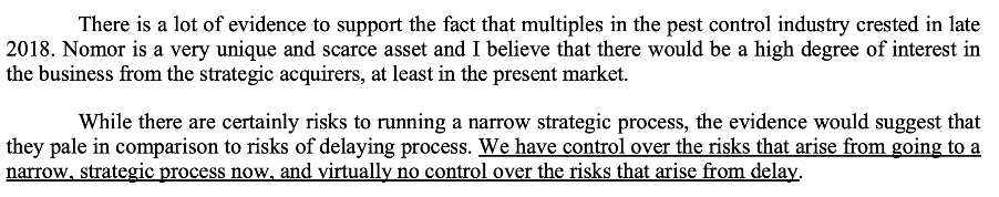 A paragraph discusses evidence supporting interest in a pest control business called Nomor, created in 2018, and compares the risks of a narrow strategic process versus delaying the process, with key phrases underlined.