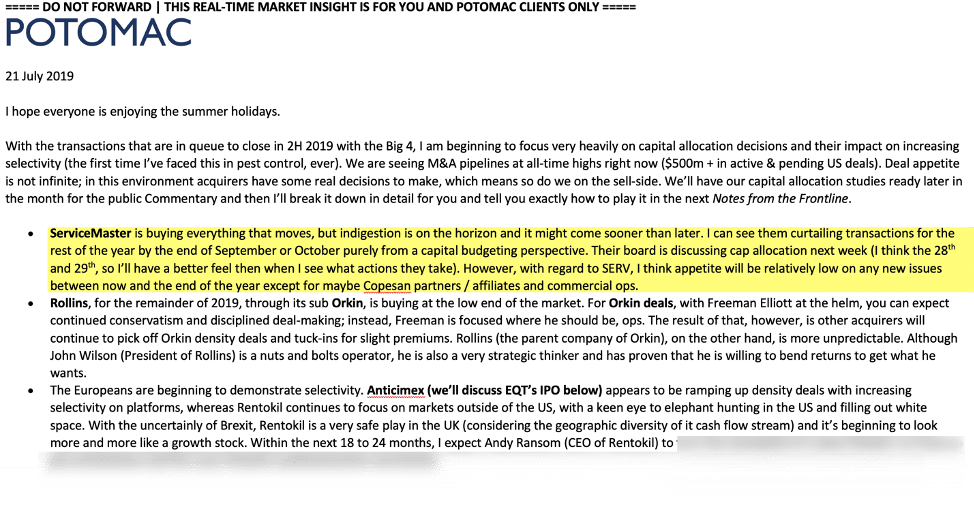A screenshot of a financial market insights email discussing potential stock moves for ServiceMaster and SERIN, with highlighted text about ServiceMaster’s plans and commentary on upcoming company news and events.