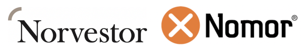 Logos for Norvestor and Nomor. Norvestor's logo has black serif text with a curved graphic on the 'N'. Nomor's logo shows an orange circle with a white X next to bold black text.