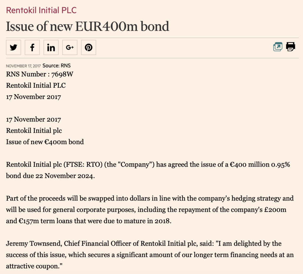Screenshot of a news article titled "Issue of new EUR400m bond" by Rentokil Initial PLC, announcing the issue of a €400 million bond at 0.95% due November 2024, with a quote from their Chief Financial Officer.