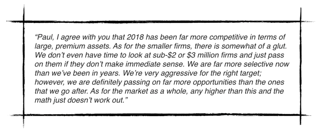 A quote in black text on a white background with a black border, discussing the competitiveness of large, premium assets in 2018 and challenges with smaller firms under $3 million.