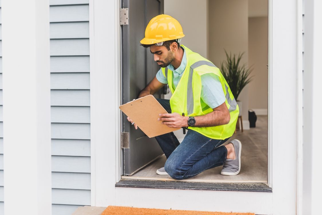 A man wearing a yellow safety vest and hard hat kneels at a doorway, holding a clipboard, appearing to inspect or take notes inside a house.