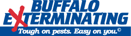 Logo for Buffalo Exterminating featuring a red "X" over "EXTERMINATING" with the slogan "Tough on pests. Easy on you." written below in blue text on a light background.