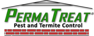 PermaTreat Pest and Termite Control logo with green text, a line drawing of a roof above, and a red brick pattern below the company name.