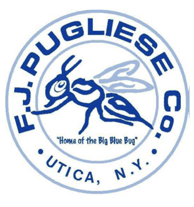 Circular blue-and-white logo for F.J. Pugliese Co., featuring a stylized bee in the center, the phrase “Home of the Big Blue Bug,” and the location Utica, N.Y.