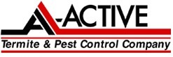 Logo for A-Active Termite &amp; Pest Control Company with stylized “A-Active” text above red and black lines, and “Termite &amp; Pest Control Company” written below in black on a white background.