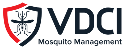 Logo for VDCI Mosquito Management, featuring a stylized mosquito inside a red and black shield, with "VDCI" in bold letters and "Mosquito Management" written below.