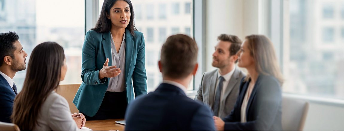 A woman in a teal blazer stands and speaks to four colleagues seated around a table in a modern office with large windows. They are attentively listening to her during a business meeting.