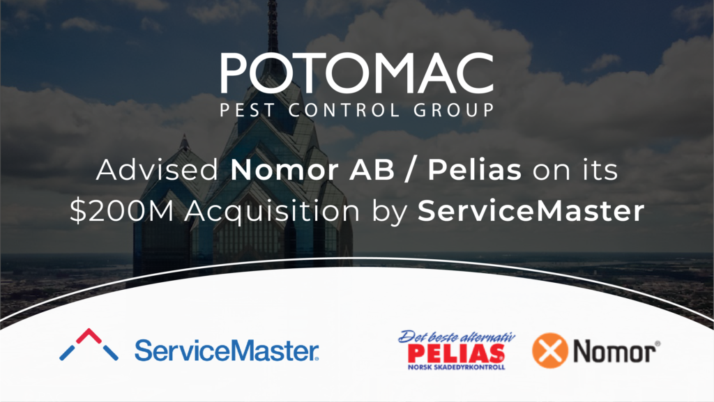 Graphic announcing that Potomac Pest Control Group advised Nomor AB/Pelias on its $200M acquisition by ServiceMaster, with the companies' logos and a cityscape background.