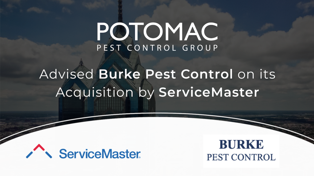 Graphic showing Potomac Pest Control Group advising Burke Pest Control on its acquisition by ServiceMaster. ServiceMaster and Burke Pest Control logos appear at the bottom over a cityscape background.