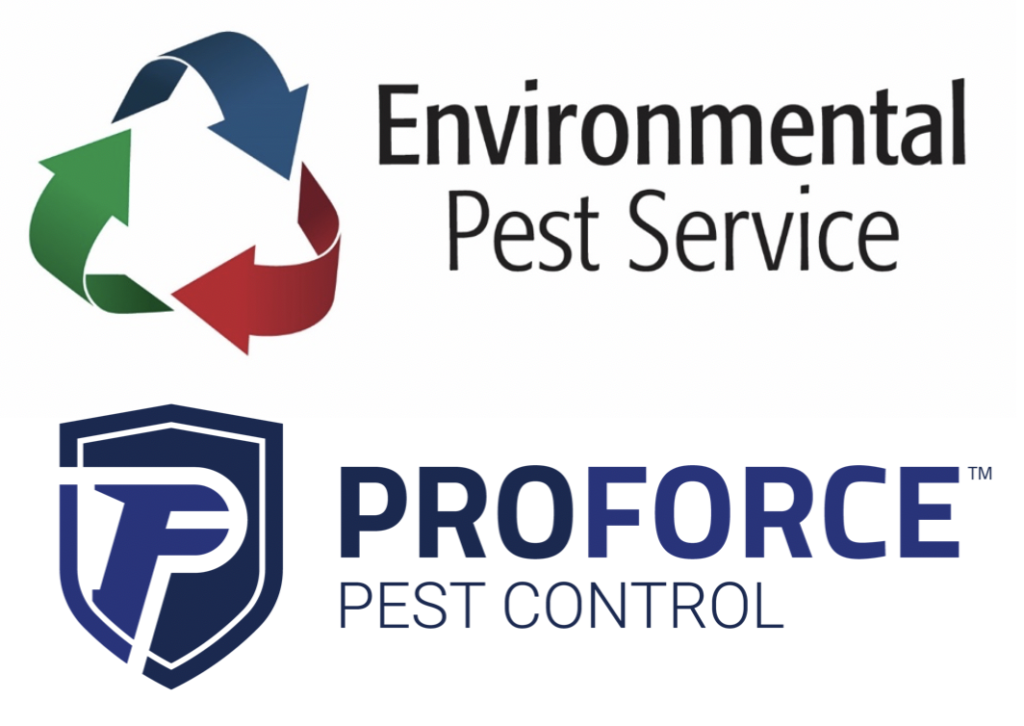 Logos for two pest control companies: "Environmental Pest Service" with a green, blue, and red recycle-style symbol, and "ProForce Pest Control" with a blue shield and a stylized "P" next to the company name.