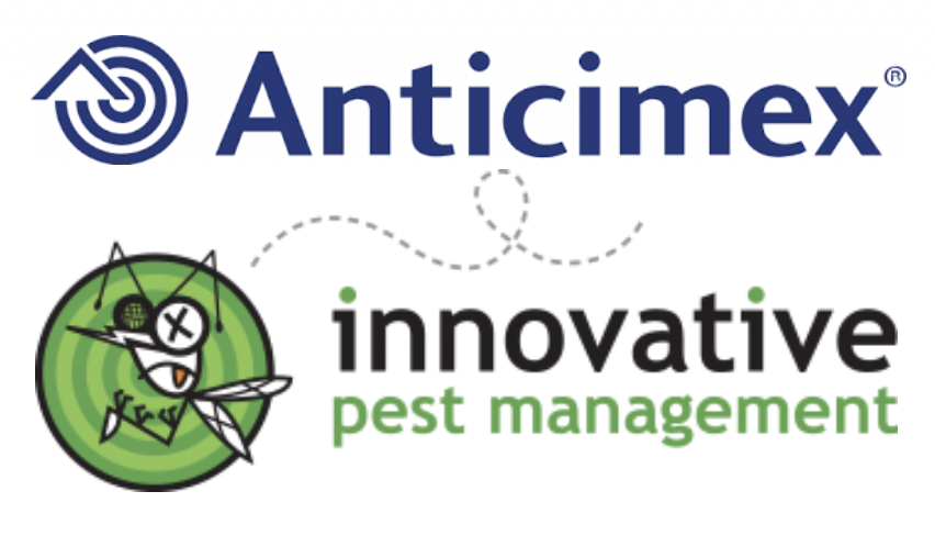 Logos of Anticimex and Innovative Pest Management. Anticimex's logo features a blue icon and wordmark, while Innovative Pest Management's logo includes a green target with a cartoon bug and playful text.