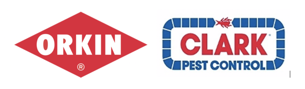 Logos of two pest control companies: Orkin on the left in a red diamond shape with white text, and Clark Pest Control on the right with blue and red text and a red insect above the word "Clark.