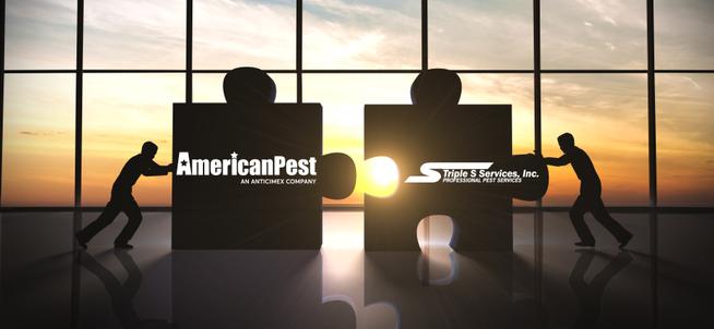 Two people push large puzzle pieces together at sunset; one piece shows the American Pest logo, the other shows the Triple S Services, Inc. logo, symbolizing a business partnership or merger.