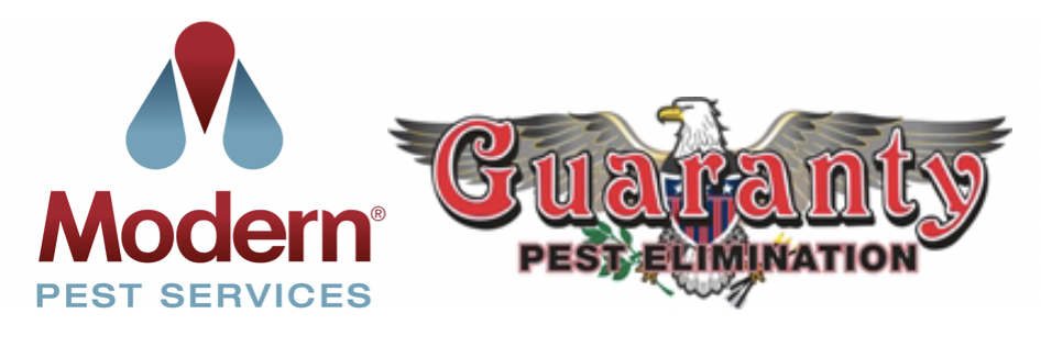 Logos for two companies: on the left, "Modern Pest Services" with a red and blue abstract symbol; on the right, "Guaranty Pest Elimination" with an eagle and stylized text.