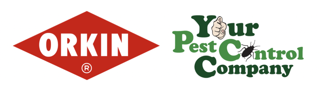 Logos for two pest control companies: the Orkin logo in a red diamond shape with white text, and another logo reading "Your Pest Control Company" with a thumbs-up and a bug illustration.