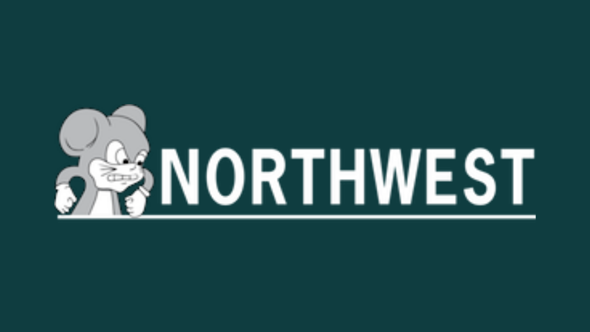A cartoon mouse character peeks out from behind the word "NORTHWEST," which is written in bold, uppercase white letters on a dark teal background. A white horizontal line runs beneath the text.