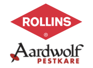 Rollins logo in a red diamond shape above the Aardwolf Pestkare logo, which features a black letter "A" with a red dot and the words "Pestkare" in red below.