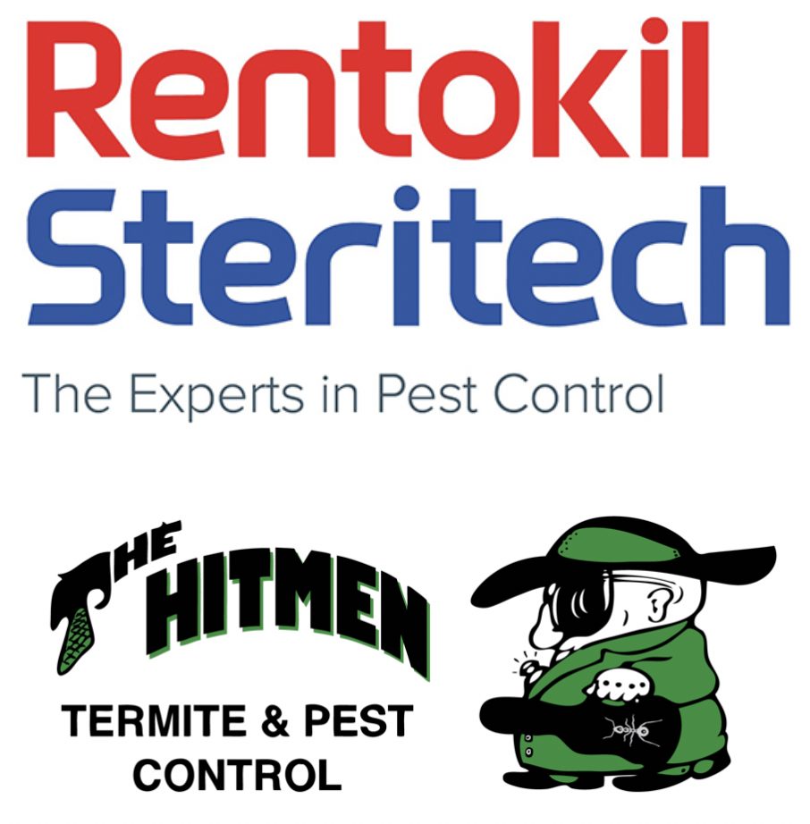 Logos for Rentokil Steritech, which reads "The Experts in Pest Control," and The Hitmen Termite &amp; Pest Control, featuring a cartoon character in a green coat and hat holding a spray can.