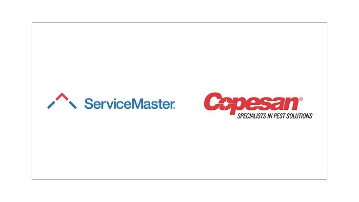 ServiceMaster and Copesan logos side by side; ServiceMaster logo is blue with a small red and blue icon above the text, Copesan logo is red with the tagline "Specialists in Pest Solutions.