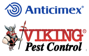 Logos for Anticimex (blue text with circular symbol) and Viking Pest Control (red and black text with a cartoon viking holding a spear).