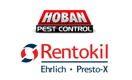 Logos for Hoban Pest Control and Rentokil Ehrlich Presto-X. Hoban's logo is red and black with bold text, while Rentokil's logo features blue and red text with a circular design.