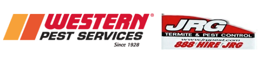 Logos for two pest control companies: "Western Pest Services" in red and orange text, and "JRG Termite &amp; Pest Control" in red, white, and black with a phone number and website.