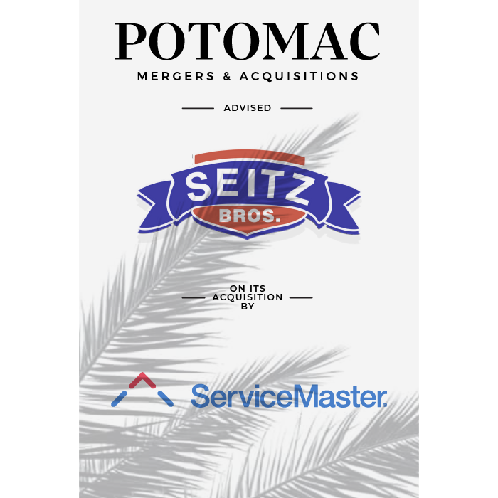 Potomac Mergers &amp; Acquisitions advised Seitz Bros. on its acquisition by ServiceMaster; company logos and palm leaf graphics are shown.