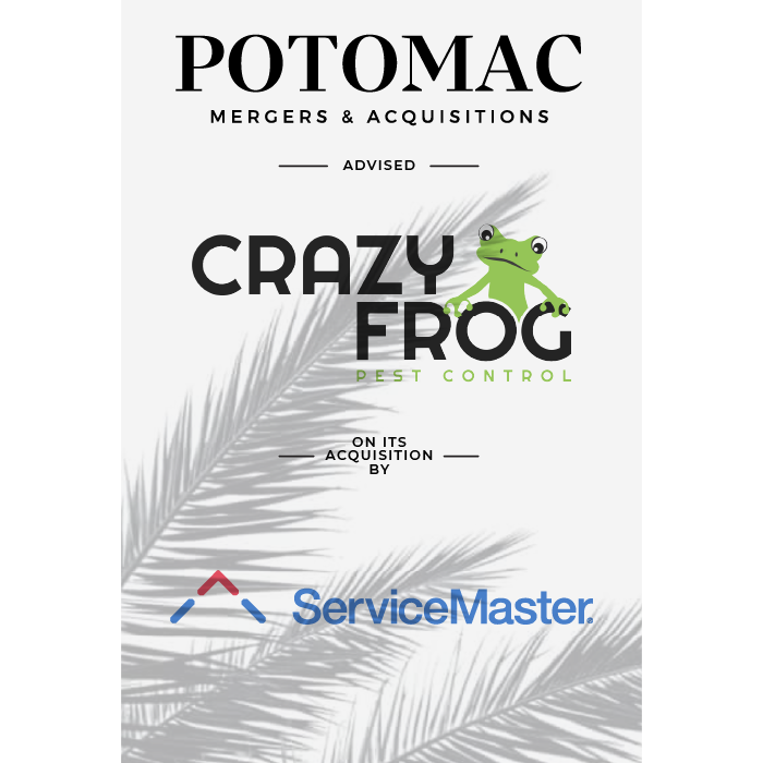 A graphic announcing Potomac Mergers &amp; Acquisitions advised Crazy Frog Pest Control on its acquisition by ServiceMaster, with palm leaves in the background.