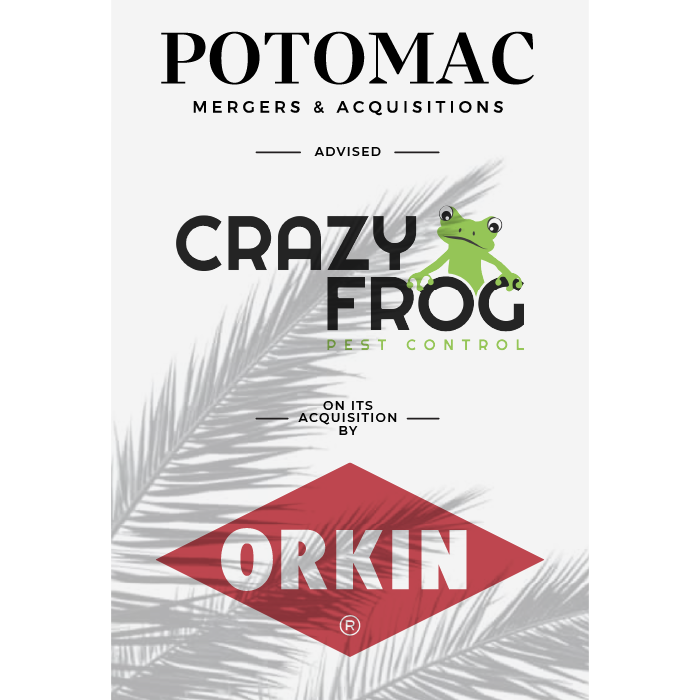 Announcement graphic: Potomac Mergers &amp; Acquisitions advised Crazy Frog Pest Control on its acquisition by Orkin. Features a frog logo, Orkin's red diamond logo, and a palm leaf shadow in the background.
