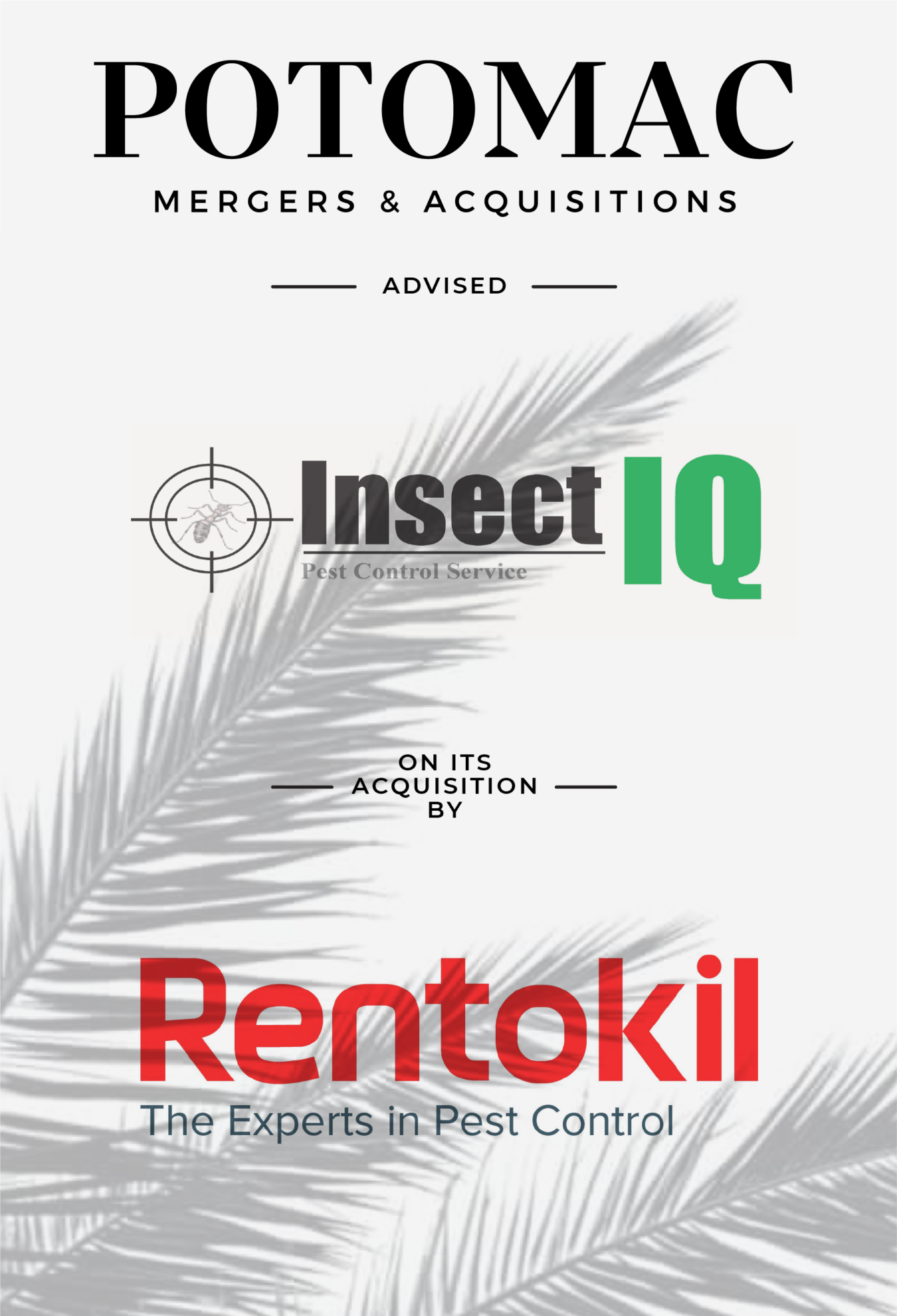 Potomac Mergers &amp; Acquisitions advised Insect IQ Pest Control Service on its acquisition by Rentokil, The Experts in Pest Control; background features a gray palm leaf.