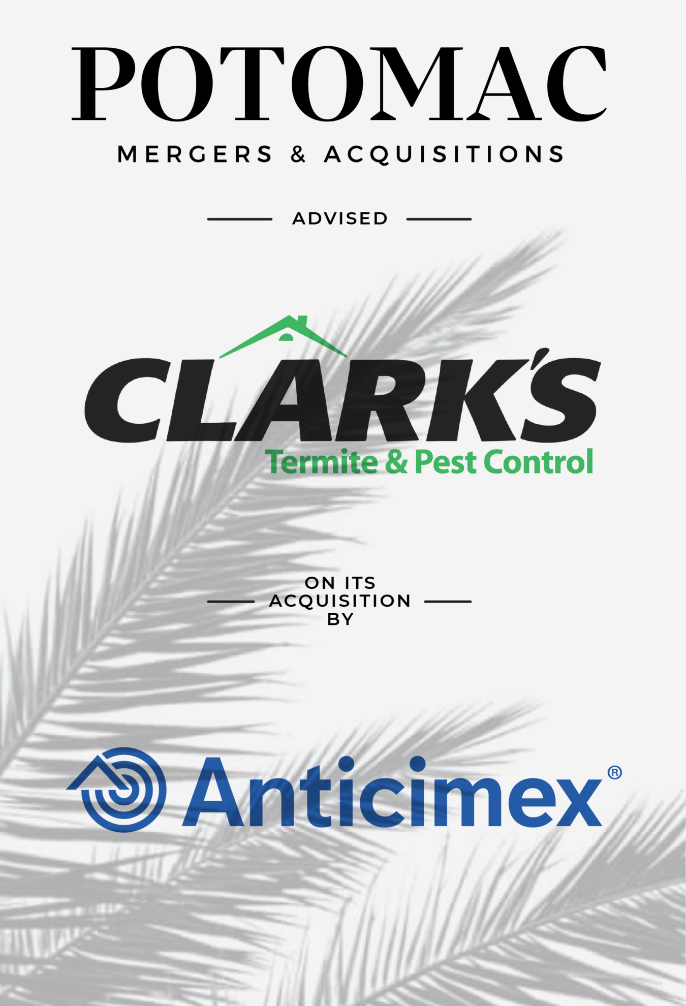 A promotional image announcing Potomac Mergers &amp; Acquisitions advised Clark’s Termite &amp; Pest Control on its acquisition by Anticimex, with a palm leaf in the background.