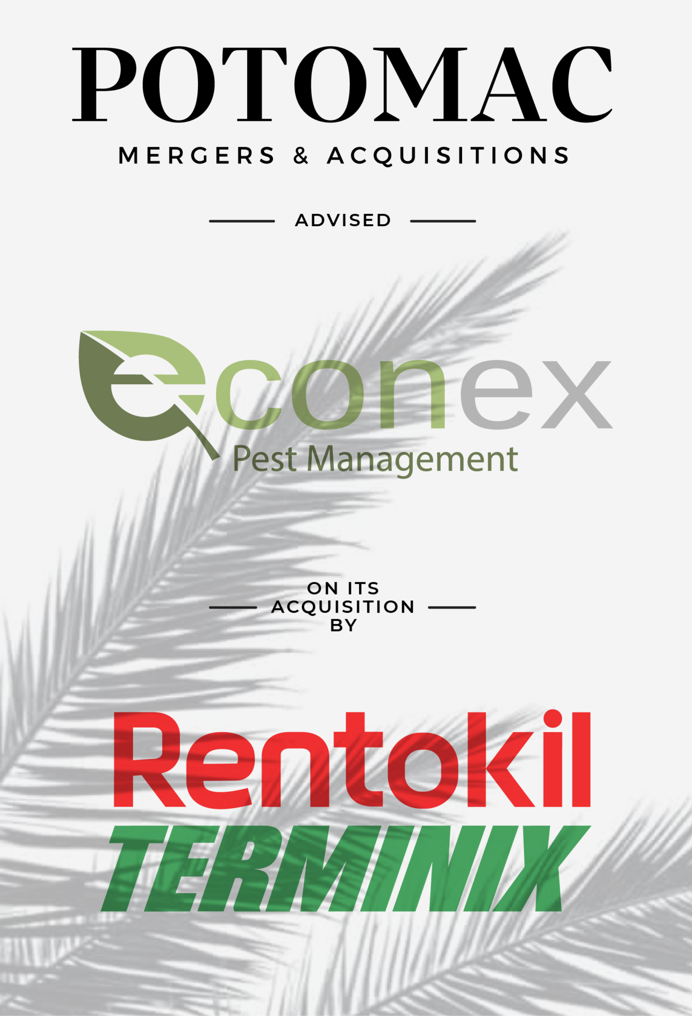 Announcement graphic: Potomac Mergers &amp; Acquisitions advised Econex Pest Management on its acquisition by Rentokil Terminix. Background features a gray palm leaf design.