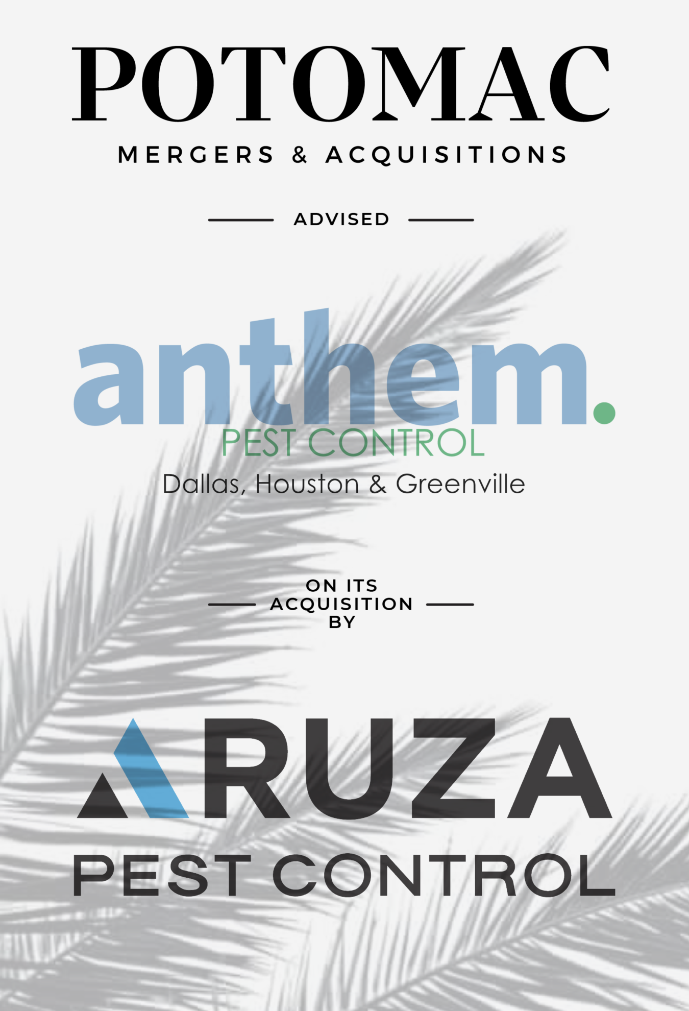 Announcement graphic showing Potomac Mergers &amp; Acquisitions advised Anthem Pest Control in Dallas, Houston, and Greenville on its acquisition by Ruza Pest Control, with a palm leaf in the background.