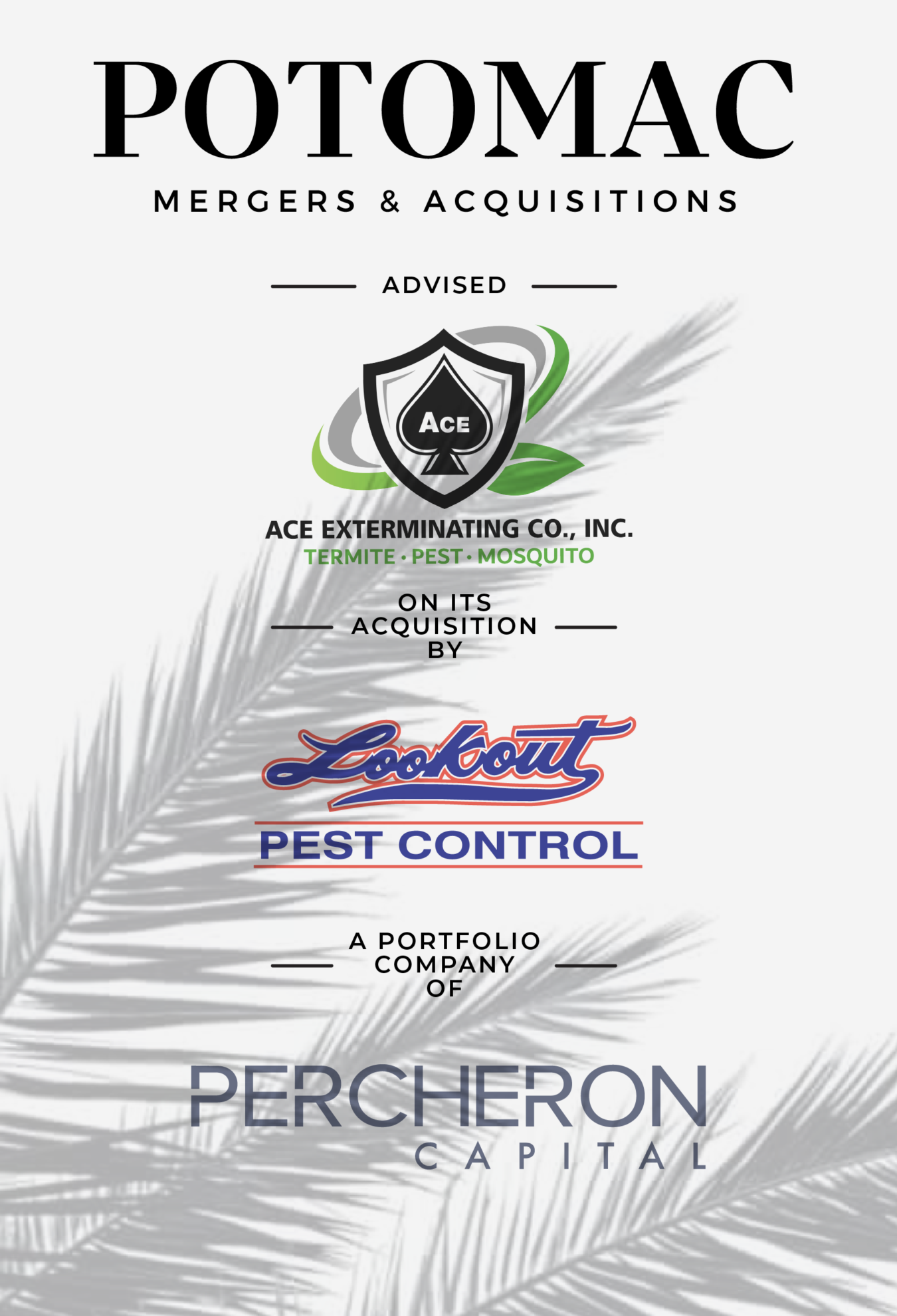 Announcement graphic for Potomac Mergers &amp; Acquisitions detailing the acquisition of Ace Exterminating Co., Inc. by Lookout Pest Control, with Percheron Capital as the portfolio company; palm leaf overlay.