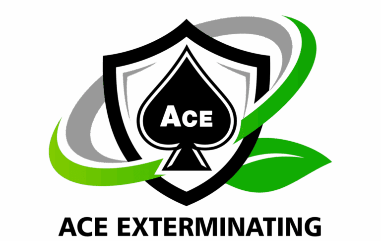Logo for "Ace Exterminating" featuring a black spade labeled "Ace" inside a shield, surrounded by green and gray swooshes resembling leaves. The company name appears below in bold black letters.