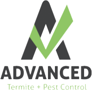 Logo for Advanced Termite + Pest Control featuring a large stylized "A" in black and green above the words "ADVANCED" in bold, with "Termite + Pest Control" in smaller green text below.