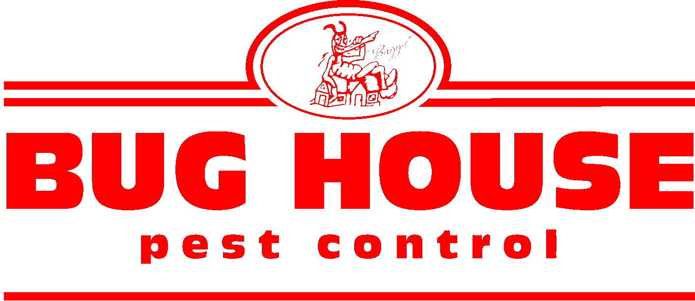 Red logo for "Bug House Pest Control" with a cartoon bug flexing its arm in a circle above the text, surrounded by horizontal red lines.