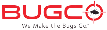 Logo for BUGCO featuring the word "BUGCO" in bold red letters, with a bug inside a red crosshair replacing the letter "O." Below, the tagline reads "We Make the Bugs Go.