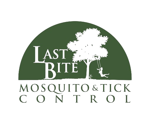 Logo for Last Bite Mosquito & Tick Control featuring a child on a tree swing inside a green semicircle, with the company name in bold, uppercase text below the tree graphic.