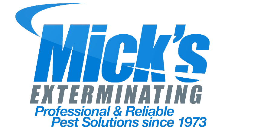 Logo for Mick's Exterminating featuring bold blue text and swoosh graphic, with the tagline, "Professional & Reliable Pest Solutions since 1973," in blue and gray font.