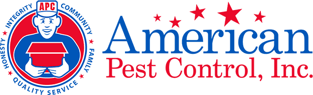 Logo for American Pest Control, Inc. featuring a cartoon figure in a cap holding a house, surrounded by the words "Honesty, Integrity, Community, Family, Quality Service," and the company name with red stars.