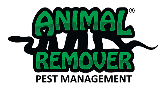 Logo for "Animal Remover Pest Management" with bold green letters. Black silhouettes of various animals, including a raccoon and a snake, are integrated behind and through the text.