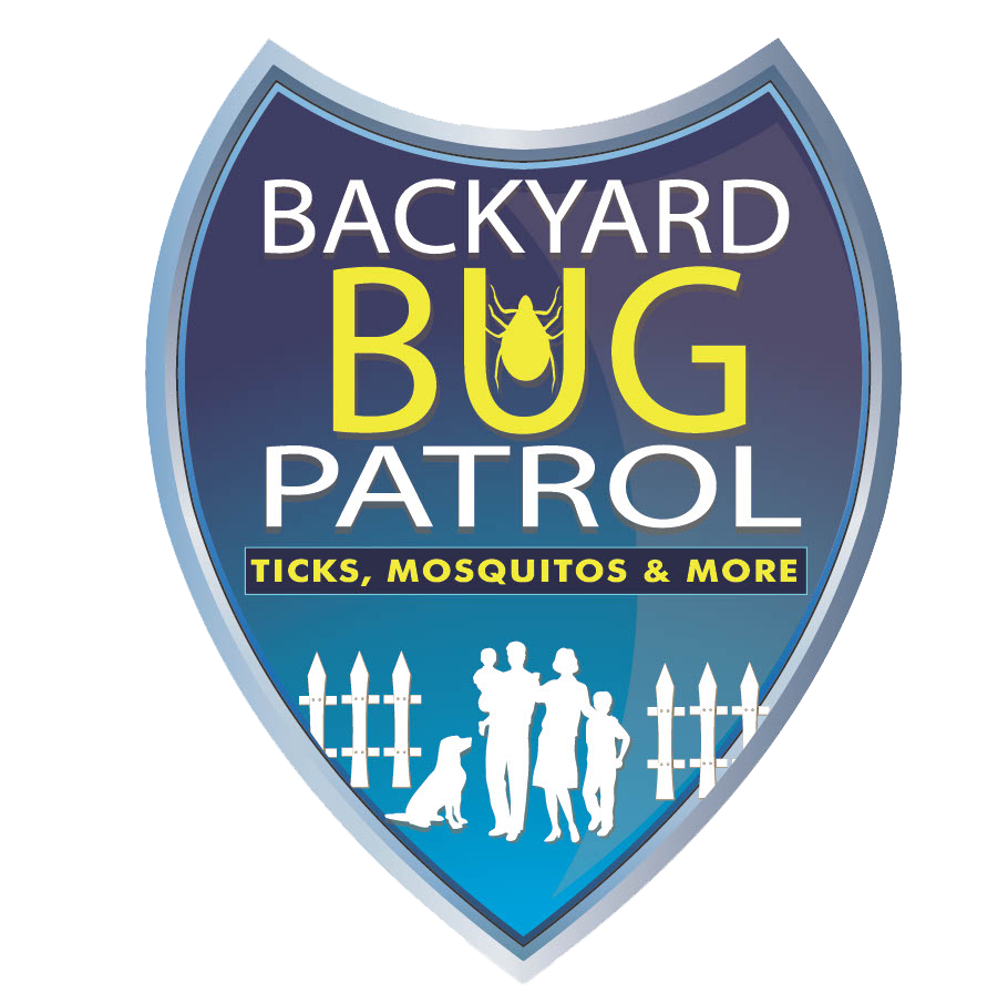 A blue and silver shield logo reads "Backyard Bug Patrol: Ticks, Mosquitos & More." It features a yellow bug icon and silhouettes of a family, dog, and cat with white fence graphics at the bottom.