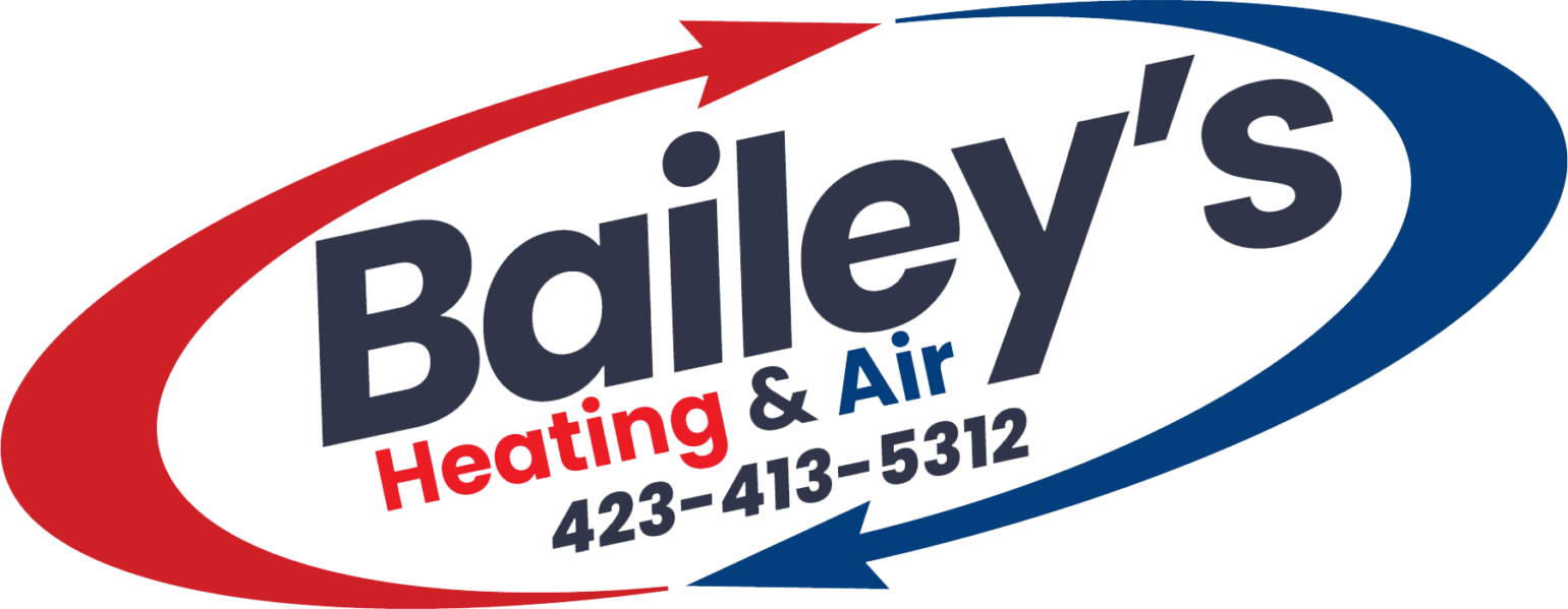 Logo for Bailey's Heating & Air featuring the company name in bold letters inside an oval with red and blue arrows. The phone number 423-413-5312 is displayed below the name.