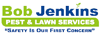 Logo for Bob Jenkins Pest & Lawn Services with green and blue text, plus the slogan “Safety Is Our First Concern” in blue capital letters below the company name.