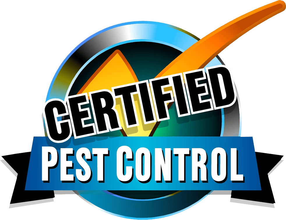 A circular badge with a large orange checkmark and the words "CERTIFIED PEST CONTROL" in bold letters across the front, with a blue ribbon at the bottom.
