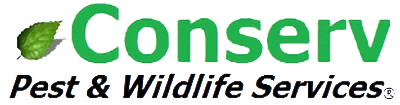 Logo for "Conserv Pest & Wildlife Services." The word "Conserv" is in green with a leaf replacing the letter "o." The rest of the text is in black.