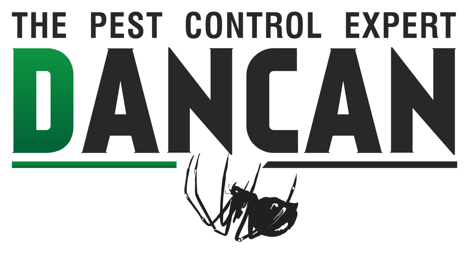 Logo with the text "THE PEST CONTROL EXPERT DANCAN"; "DANCAN" is bold, with a green "D." An illustrated spider hangs from the letter "C" by a thread.